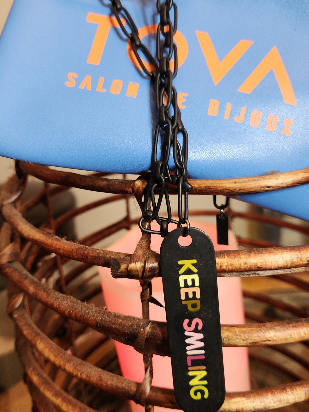 TOVA..KEEP SMILING Black Pendant Necklace with Multicolor Lettering